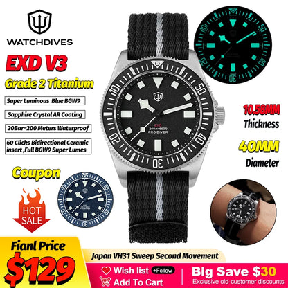 Watchdives EXD 40Mm Titanium Dive Watch Man VH31 Sweep Quartz Watches 200 Waterproof Ar Sapphire BGW9 Luminous 316L Wristwatch