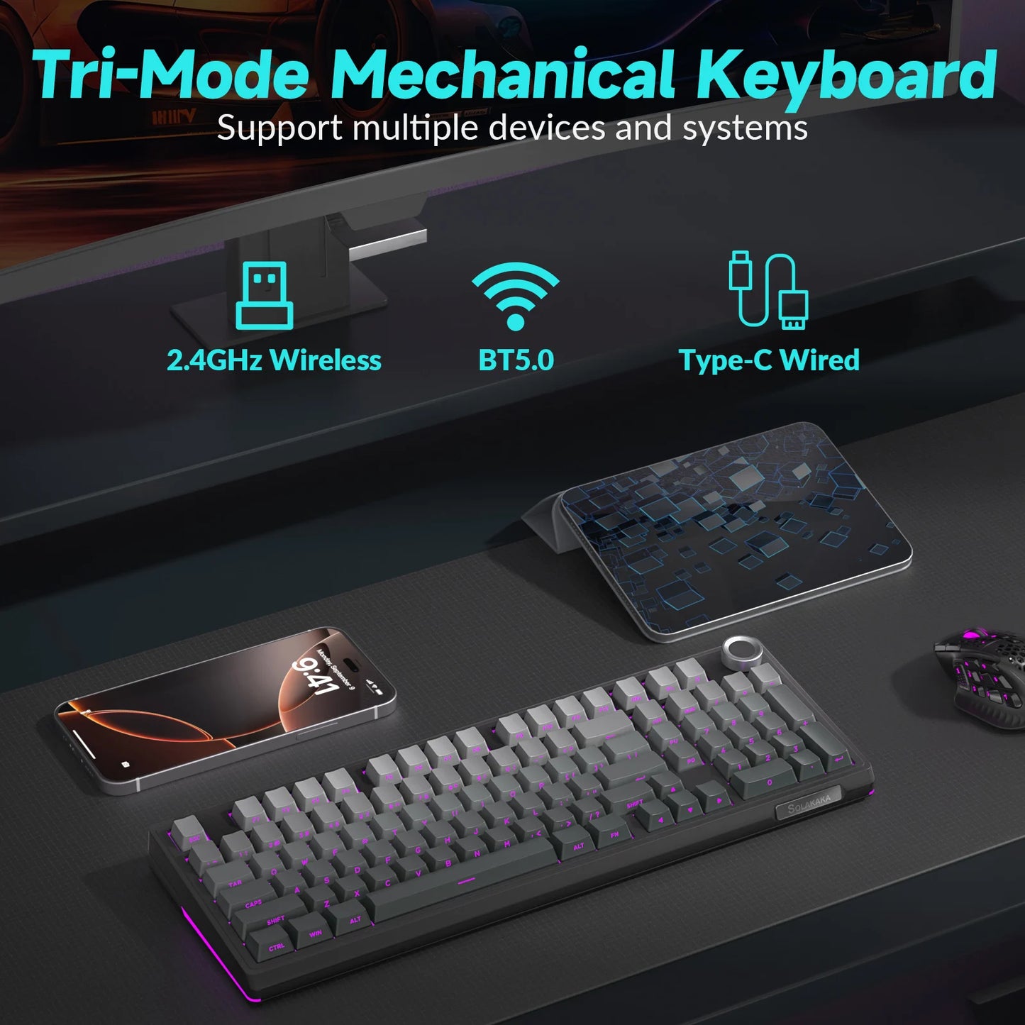 SOLAKAKA Ki99 Pro Bluetooth Wireless Keyboard 99 Keys Tri-mode Gasket Hot Swap RGB Customized Creamy Gaming Keyboard 10000mAh