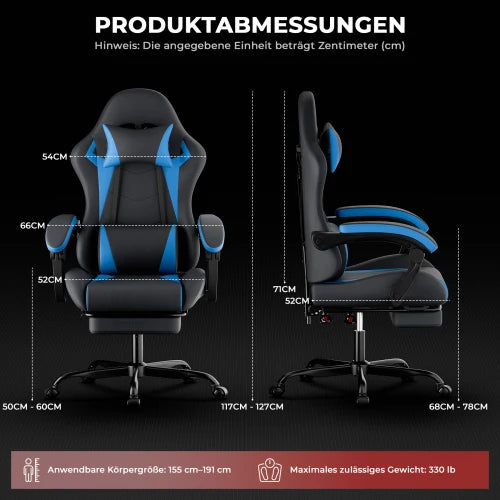 Ergonomic Gaming Chair, Lumbar & Head Pillow, Adjustable Height, Black-Grey