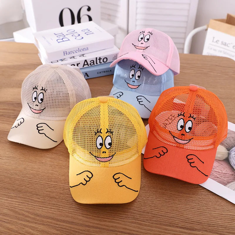 Nuovo cappellino estivo carino per ragazzi, ragazze e bambini con faccina sorridente, in rete, stile Kawaii, cappellino da baseball popolare in stile hip hop, cappellino da sole, DropShipping