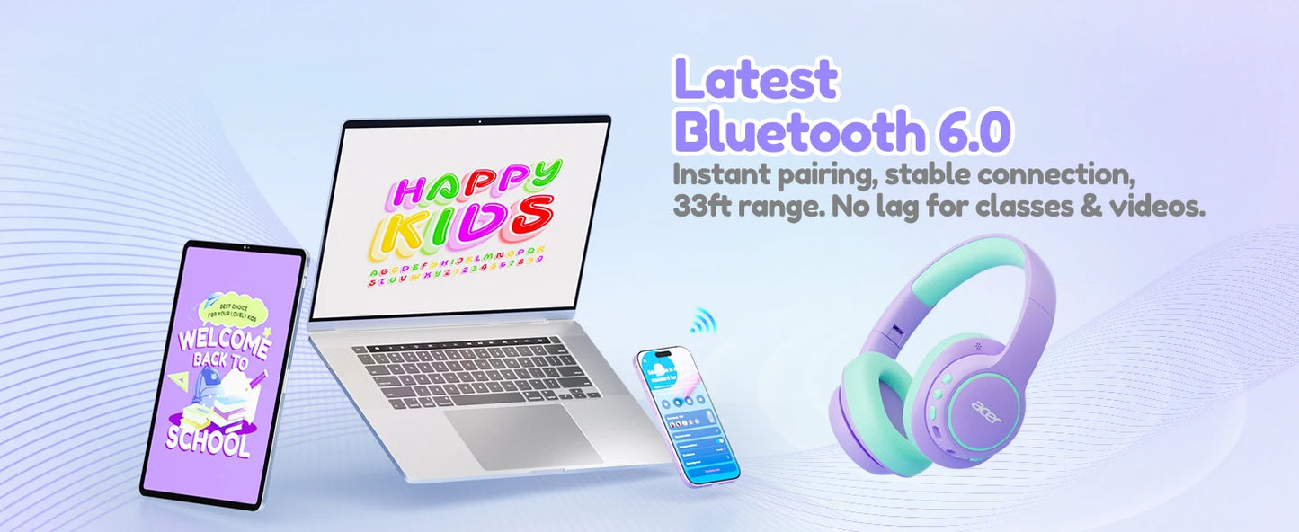 Acer Kids Bluetooth 6.0 Headphones Over Ear Headsets with Mic 75H Playtime 85dBA Safe Volume USB C Fast Charging for iPad Tablet