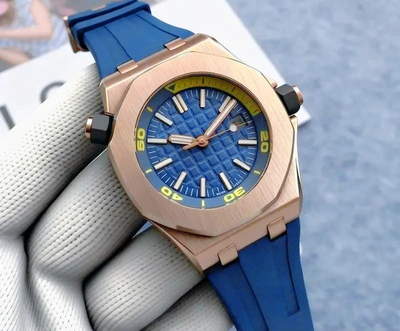 High End 42mm Luxury Mens Automatic Watches 904L Stainless Steel Black Blue Rubber Bracelet Sapphire Lens Waterproof Casual