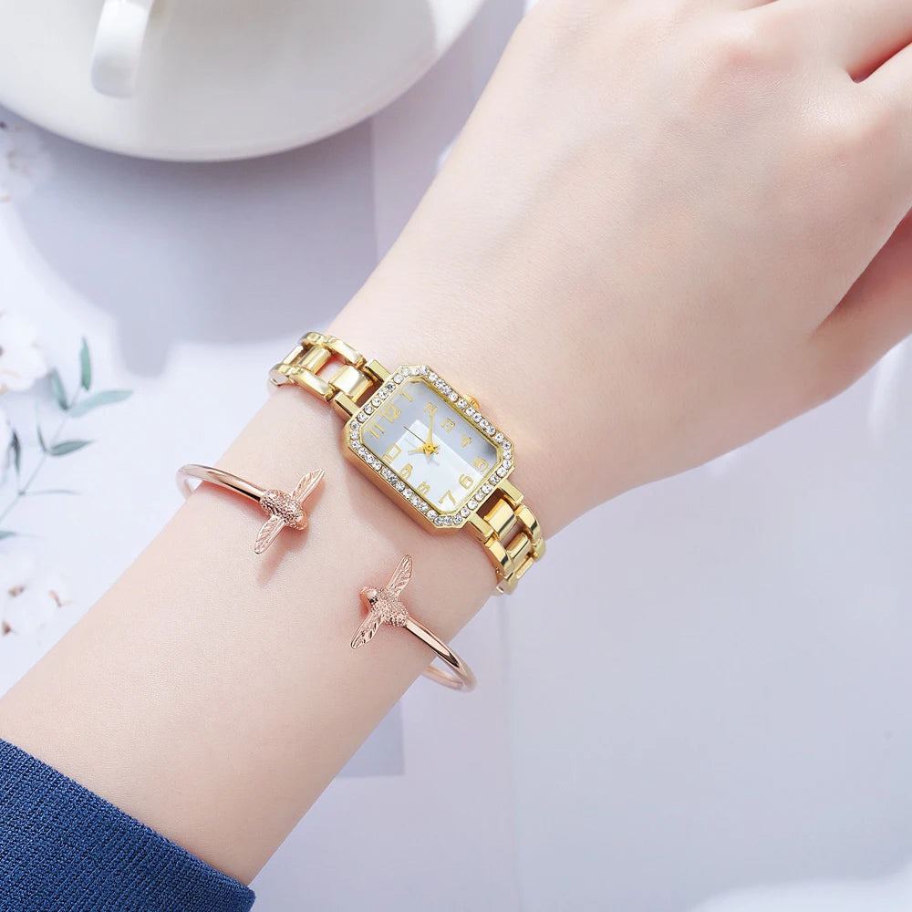 Luxury Women's Watch 2023 New Simple Square Full Diamond Digital Quartz Watch Gold Stainless Steel Bracelet Women's Dress Clock