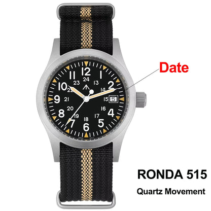 Militado ML05 38mm Military Field Watch VH31 Sweep Quartz Movement Domed Sapphire Crystal Waterproof 100M Super Luminous Watches
