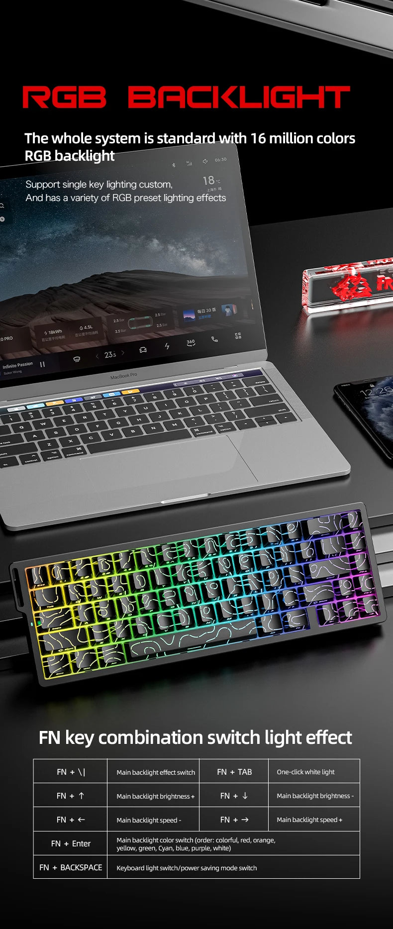 FREEWOLF F68 F68Pro Gaming Keyboard Magnetic Switch 3-Mode Wireless Bluetooth Wired, 8K/1K Polling RGB Hot-Swap RT VALORANT FPS