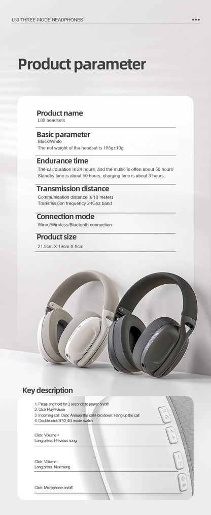 SMAILWOLF L80 Bluetooth wireless three-mode gaming headset, lightweight 185g plug-in microphone e-sports gaming headset