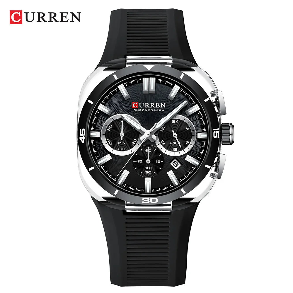 Ceas pentru bărbați CURREN – Nou model de lux cu mecanism cu cuarț, brățară din silicon, stil sportiv, multifuncțional, rezistent la apă, luminat, cu afișaj al datei și cronometru.