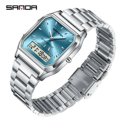 SANDA 747 Luxury Mens G Style Watches Stainless Steel Women LED Digital Dual Display Clock Unisex Waterproof Sports Quartz Watch