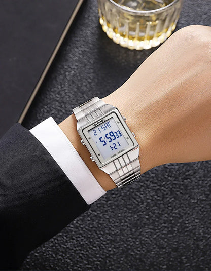 Skmei Luxury Digital Watches for Mens LED Waterproof Date Week Display Chronograph Fashion Dual Time Zones Bracelet Steel Watch