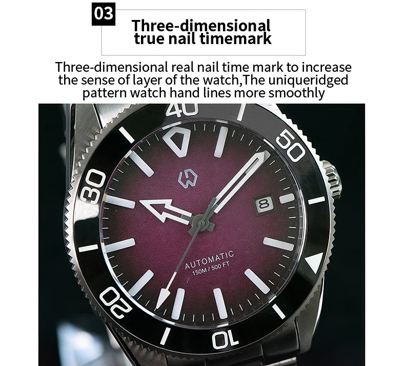 Upgraded Model 9017 Automatic Watch Mechanical 3D Dimensional Luminous Watch Needle Ceramic Bezel 150 Meters Waterproof Diving