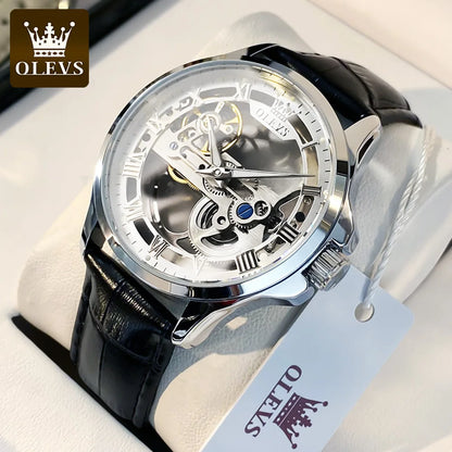 OLEVS 6661 – mekanisk automatisk herrklocka – helt transparent skelettmodell med synligt balanshjul, läderarmband, originell lyxklocka för män