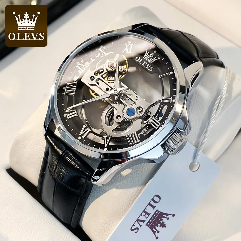 OLEVS 6661 – mekanisk automatisk herrklocka – helt transparent skelettmodell med synligt balanshjul, läderarmband, originell lyxklocka för män
