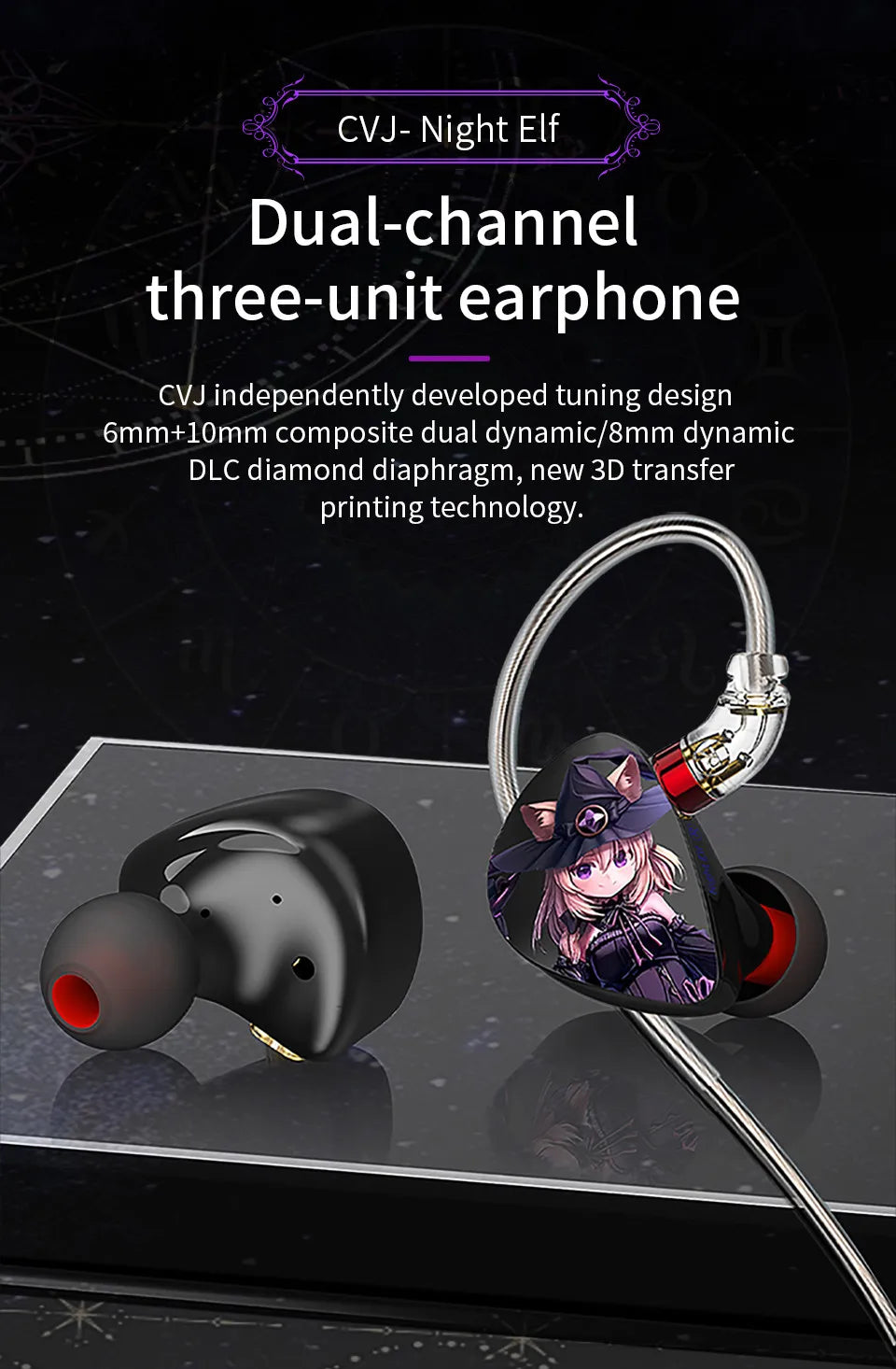 CVJ Nightelf in ear earphones Dual-channel three-unit  3.5mm metal plug earphone with silver-plated wire rod