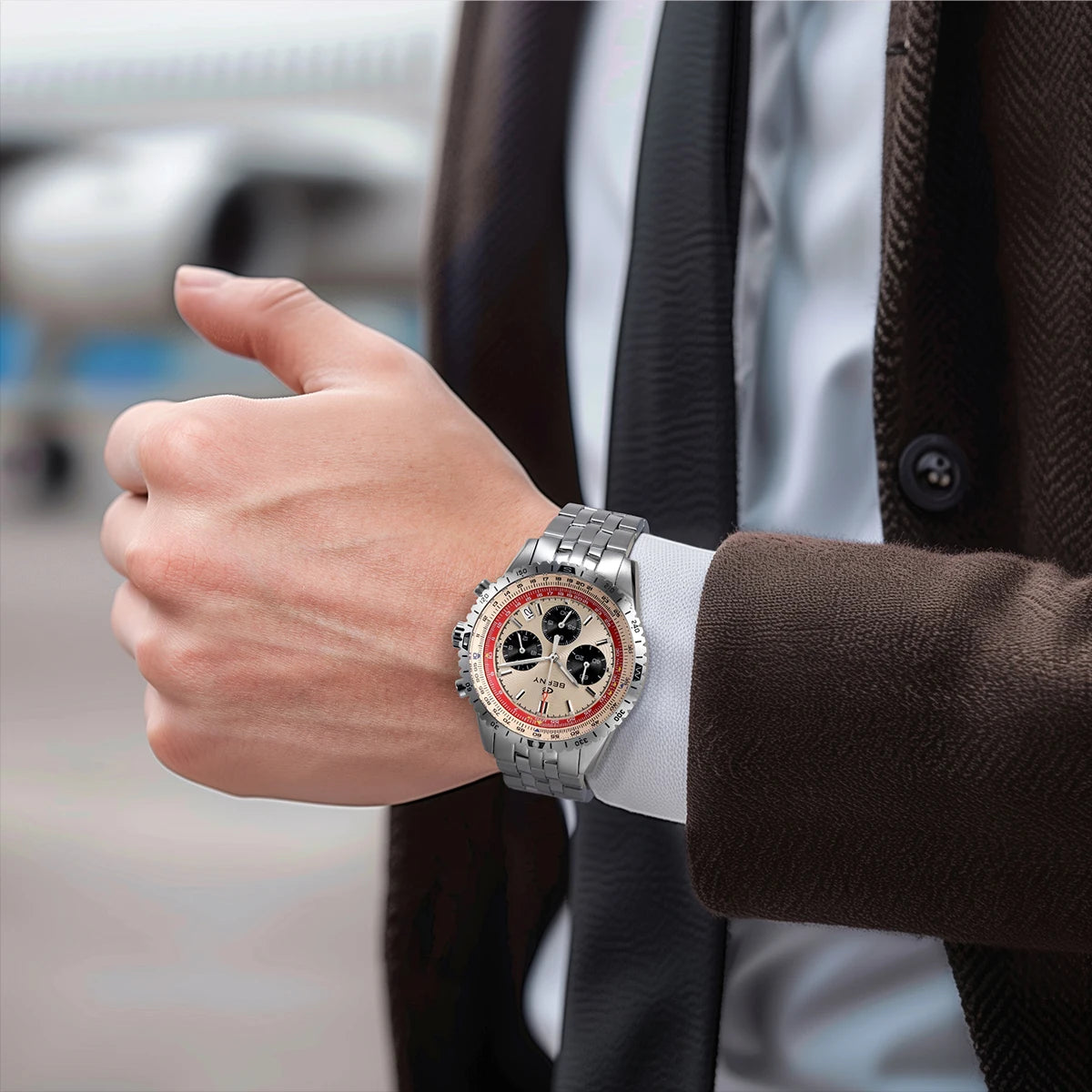 Vyrų chronografas „BERNY“ – daugiafunkcinis kvarcinis laikrodis, sukurtas pagal aviacijos stilių, su datos rodikliu, safyro stiklu ir puikiu švytėjimu – prabangus vyrų rankinis laikrodis