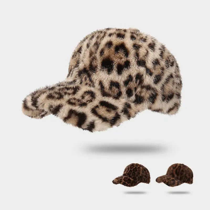 Casquette de baseball imprimé léopard pour femme, en fausse fourrure douillette, chaude pour l'hiver, casquette vintage d'extérieur à visière rabattable pour femme