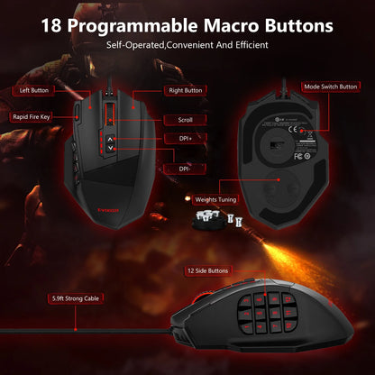 E-YOOSO X-39 Programmable Gaming Mouse, Wired RGB Mouse with 18 Buttons, 8 Removable Weights, 5 DPI, Ergonomic Grip for Computer