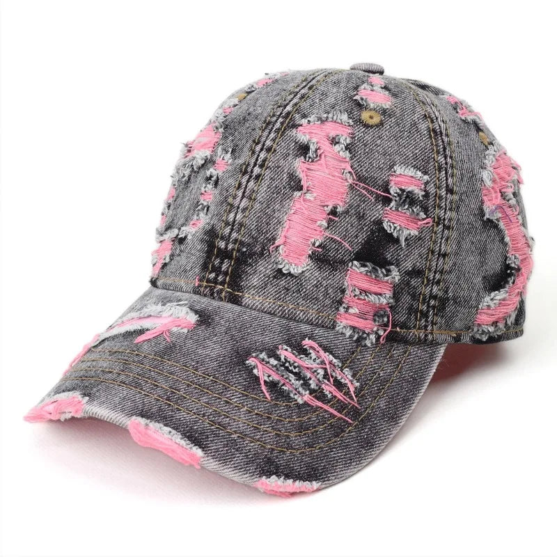 Vintage Washed Distressed Denim Colorful Baseball Cap for Men Women, Fashion Two-Tone Ripped Sun Protection Visor Hat Trendy