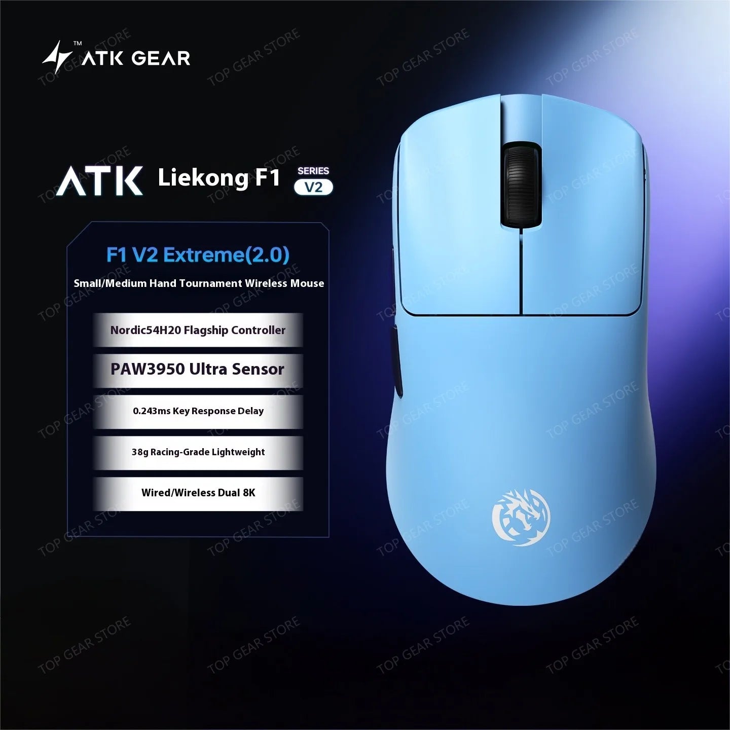 Bezdrátová herní myš ATK F1 V2 Ultra MAX Tri-mode PAW3950 Double 8k, lehká ergonomická e-sportovní myš, vlastní PC příslušenství