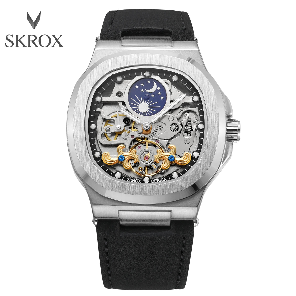 2025High-end Luxury SKROX Square Man Watch Sapphire Tourbillon Steel Skeleton Moon Phase Automatic Movement Leather Male Watches
