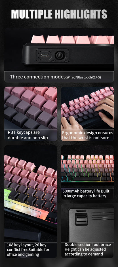 V108 Pro Bluetooth Keyboard  Office Low Noise 2.4G Wired&Wireless Full Layout with RGB Backlit Membrane