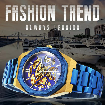 WINNER Black Gold Skeleton Mechanical Watches for Men Fashion irregular Automatic Watch Luxury Brand Stainless Steel Strap 2023