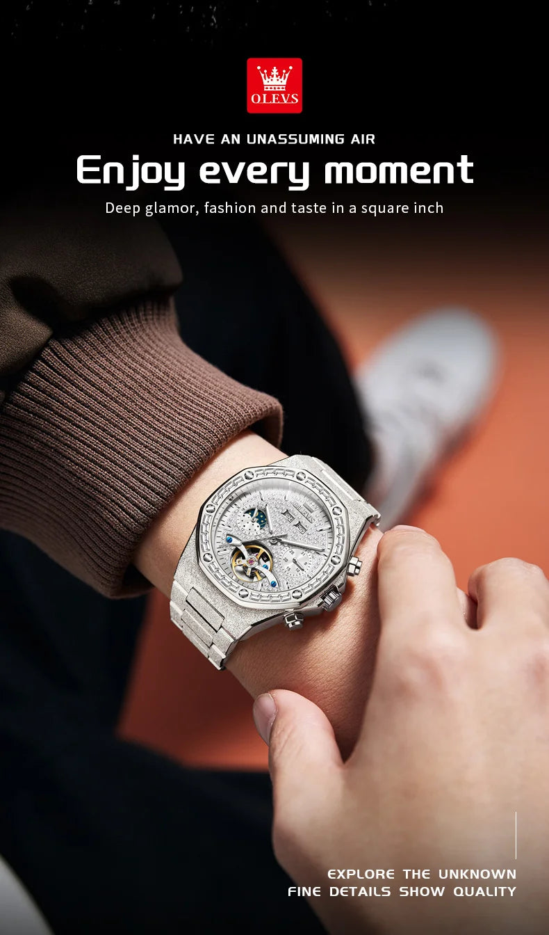 OLEVS Gold Steel Men's Watches Top Brand Automatic Mechanical Luxury Watch Sport Waterproof Tourbillon Wrist Watch Reloj Hombre
