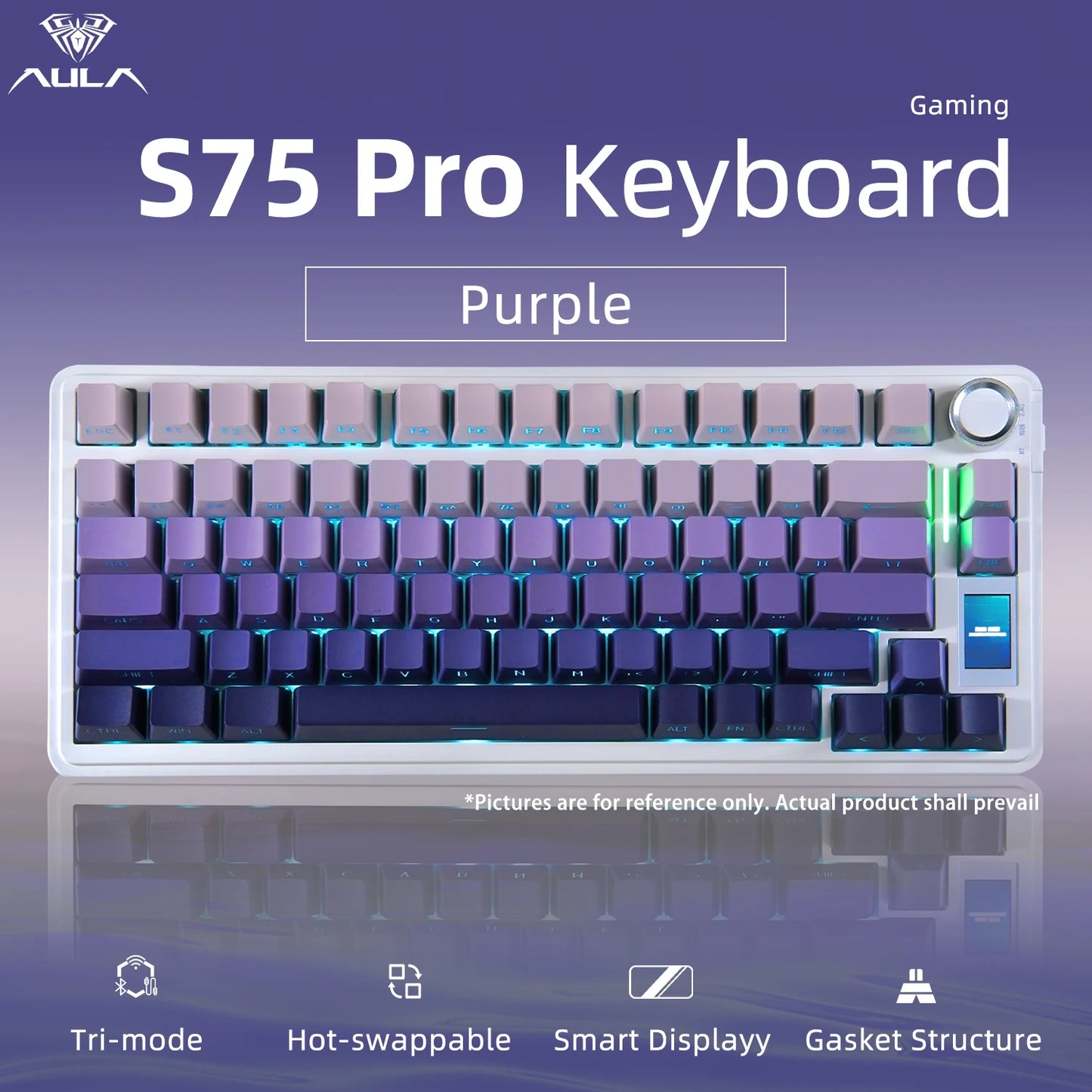 AULA S75 PRO Mechanical Keyboard 75% Custom Layout RGB Backlight Wireless Bluetooth Gaming Keyboard with Screen Knob