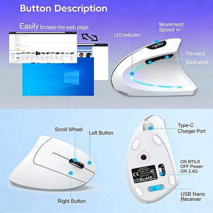 Dual Mode Vertical Mouse 2.4G Wireless Gaming Mouse Ergonomic Bluetooth Mouse 2400DPI Rechargeable Silent Mice for PC Laptop