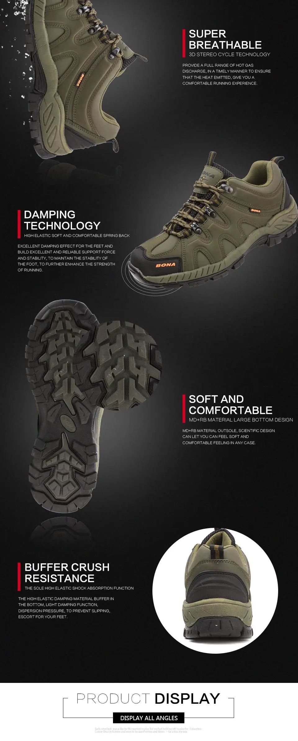 BONA New Arrival Classics Style Men Hiking Shoes Lace Up Men Sport Shoes Outdoor Jogging Trekking Sneakers