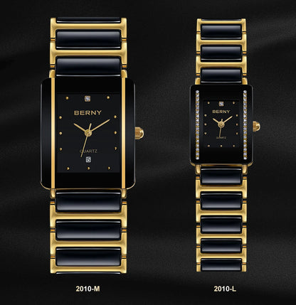 BERNY Ceramic Quartz Men Watch Fashion Luxury Rectangle Wristwatch XV12 Waterproof Calendar Diamon Black Gold Couple Gifts Watch