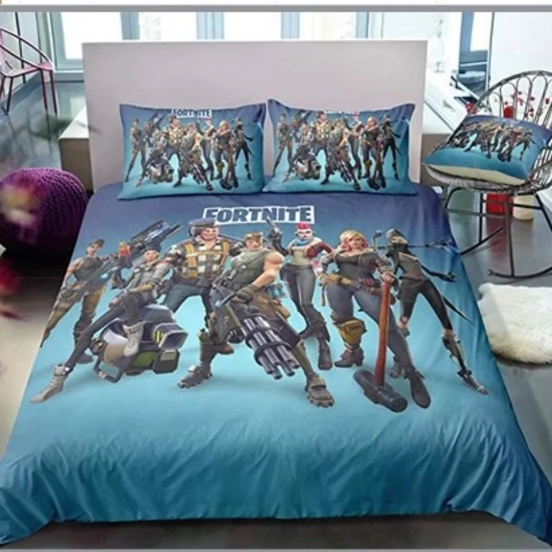 Fortnite-Bettwäsche-Set, 3-teilig, 3D-Druck, Bettwäsche für Schlafzimmer, Gaming-Cartoon-Dekor, Bettbezug und Kissenbezug, Geburtstagsgeschenk