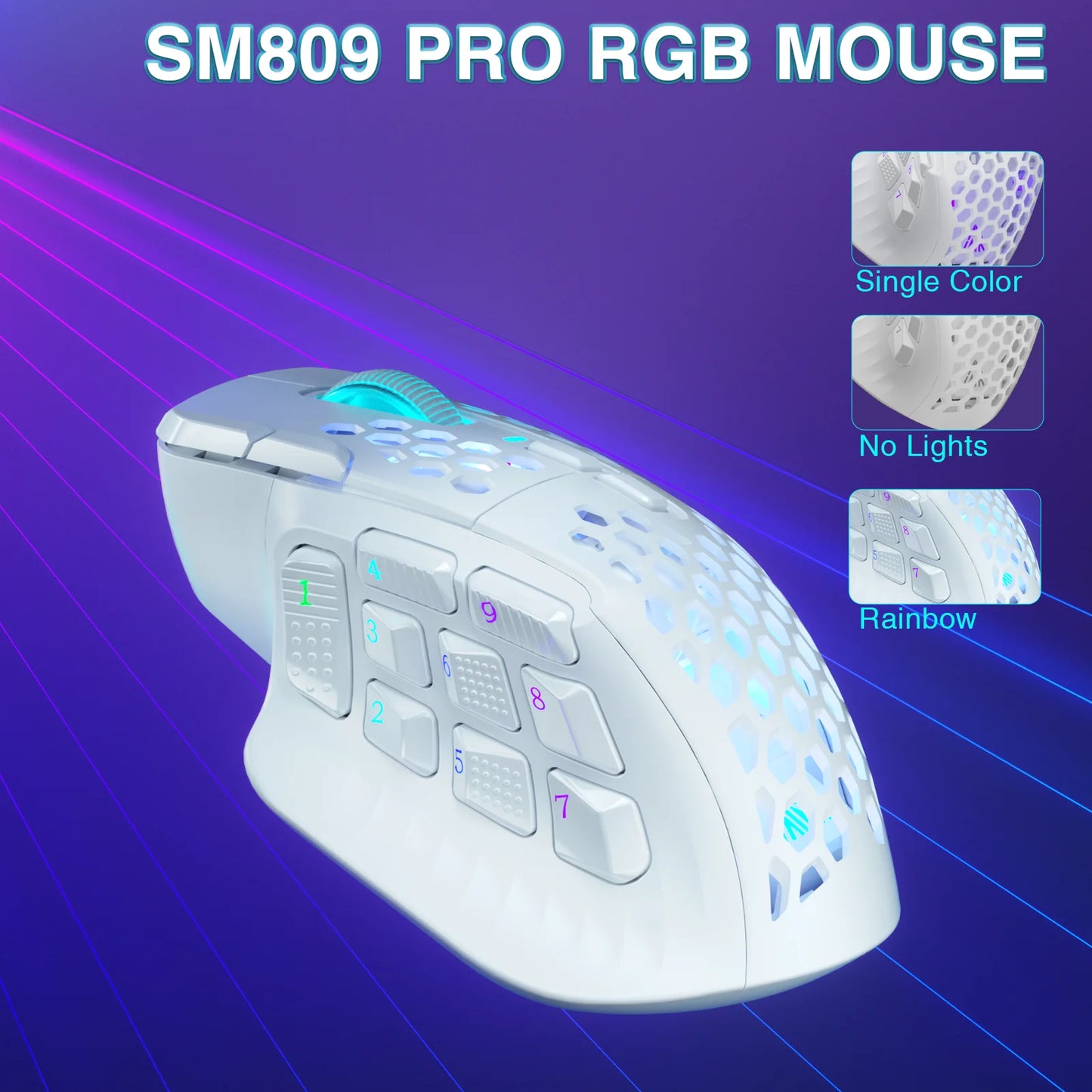 SOLAKAKA SM809 Pro Wireless MMO Gaming Mouse PAW3311 16 Side Buttons 24000 DPI RGB Honeycomb Programmable Macro Wireless Mouse