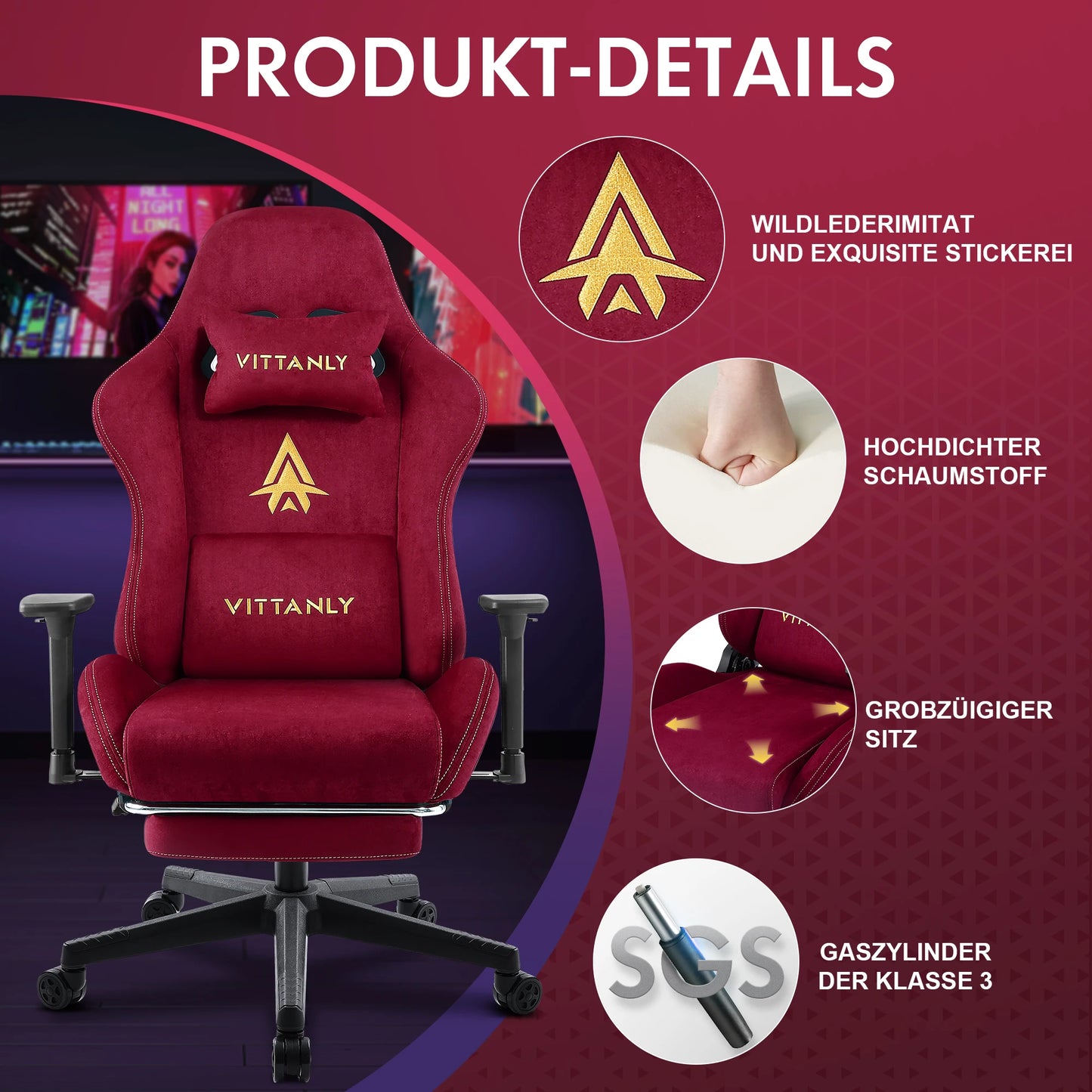 HAPIHAPPY Fashion Gaming Chair Genuine Computer Office Chair with Pocket Spring Cushion Linkage Armrests and Footrest Game Chair