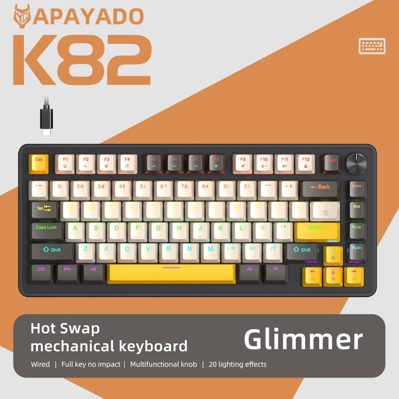 APAYADO 75% Gaming Keyboard Wired with Metal Knob, Hot-Swap K82 Black Mechanical Keyboard,ABS Transparent Character RGB