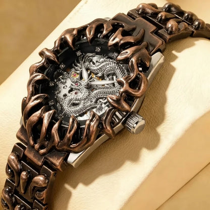 A men's yellow and black retro style classical irregular dragon patterned tourbillon mechanical watch