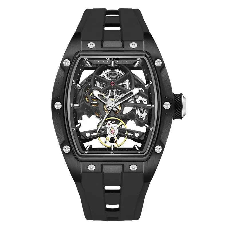 MEGIR Automatic Wristwatch Men Fashion Black Silicone Strap Wateproof Luminous Sport Mechanical Watch with Tonneau Dial 2242