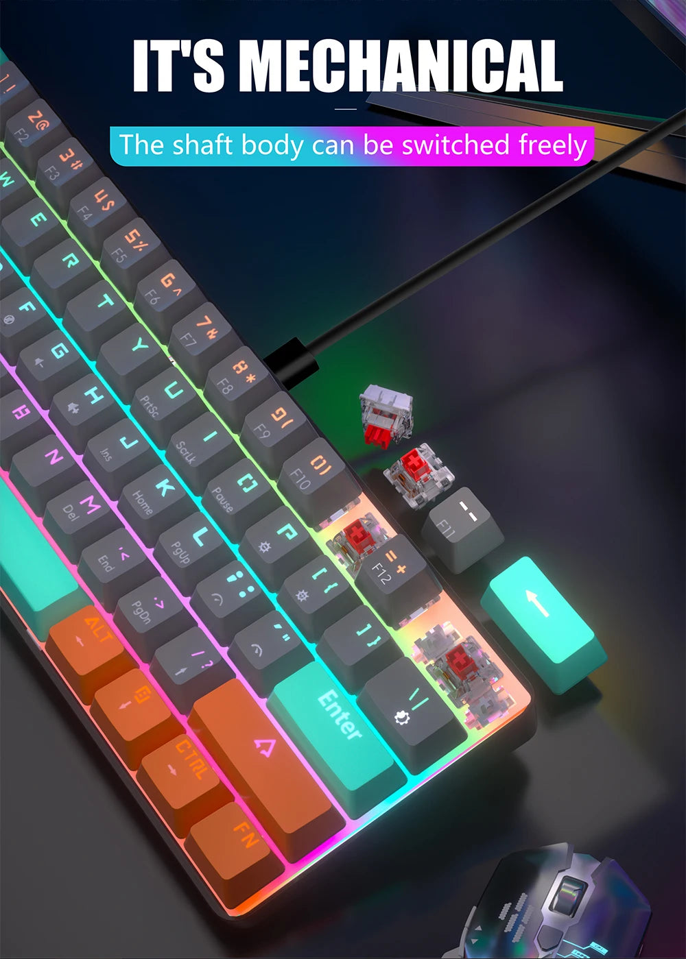 MUCAI MKA610Z Mechanical Color Esports Gaming Keyboard Ergonomic 61 Key Compact Response Fast RGB Light Effect Hot Plug