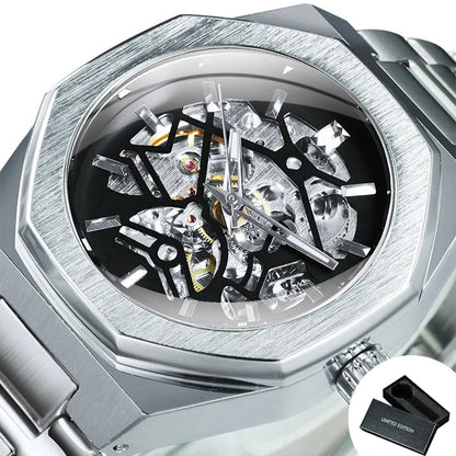WINNER Black Gold Skeleton Mechanical Watches for Men Fashion irregular Automatic Watch Luxury Brand Stainless Steel Strap 2023