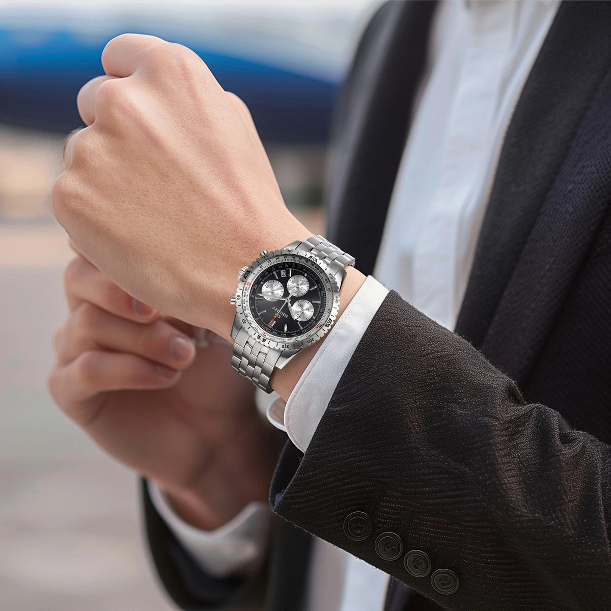 Vyrų chronografas „BERNY“ – daugiafunkcinis kvarcinis laikrodis, sukurtas pagal aviacijos stilių, su datos rodikliu, safyro stiklu ir puikiu švytėjimu – prabangus vyrų rankinis laikrodis
