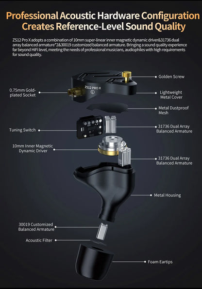 KZ ZS12 PRO X hybridní dynamická technologie a technologie Balanced Armature, IEM sluchátka do uší, vylepšený HiFi basový in-ear headset s ladicím kabelem