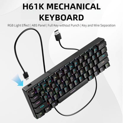 H61K USB-Type C Wired Mechanical Keyboard Red Switch RGB Backlit 61 Keys English Spanish Wired Keyboard for Game Office