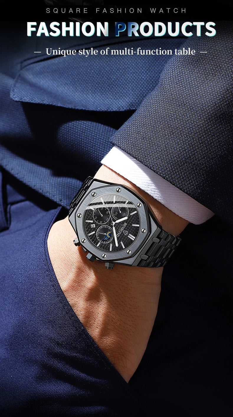 BINBONG B0161 Top Brand Man Business Quartz Watch Chronograph Wristwatch Stainless Steel Strap 30M Waterproof Luxury Men Watch