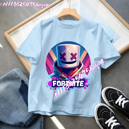 Fortnites Kids Blue Cotton T-Shirt Fortress Night Baby Short Sleeve Tees Shirt Cartoon Boy Girl Summer Clothes Kawaii Tops Gift