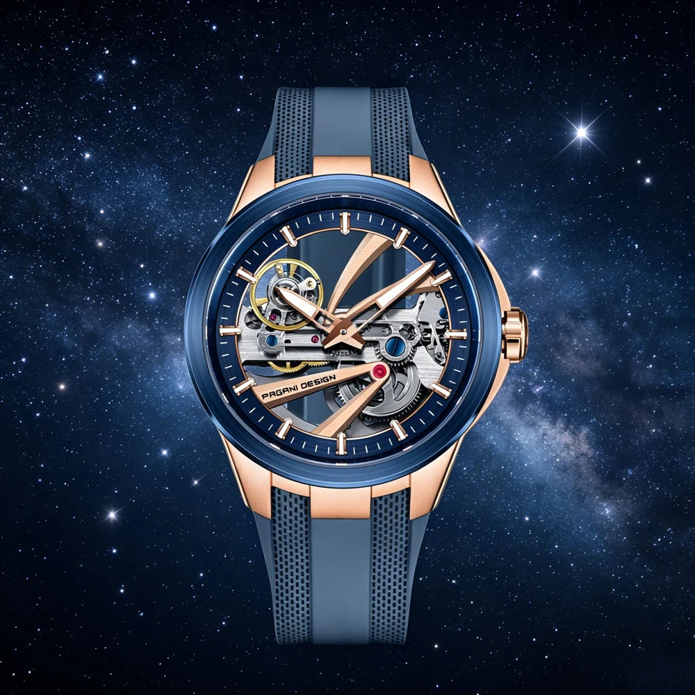 Herrklocka från PAGANI DESIGN – Mekanisk automatisk lyxmodell av typen ”skelett” (öppen mekanism), utrustad med en tourbillon, safirglas med antireflexbehandling, vattentät och självlysande.