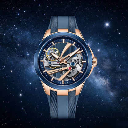 Herrklocka från PAGANI DESIGN – Mekanisk automatisk lyxmodell av typen ”skelett” (öppen mekanism), utrustad med en tourbillon, safirglas med antireflexbehandling, vattentät och självlysande.