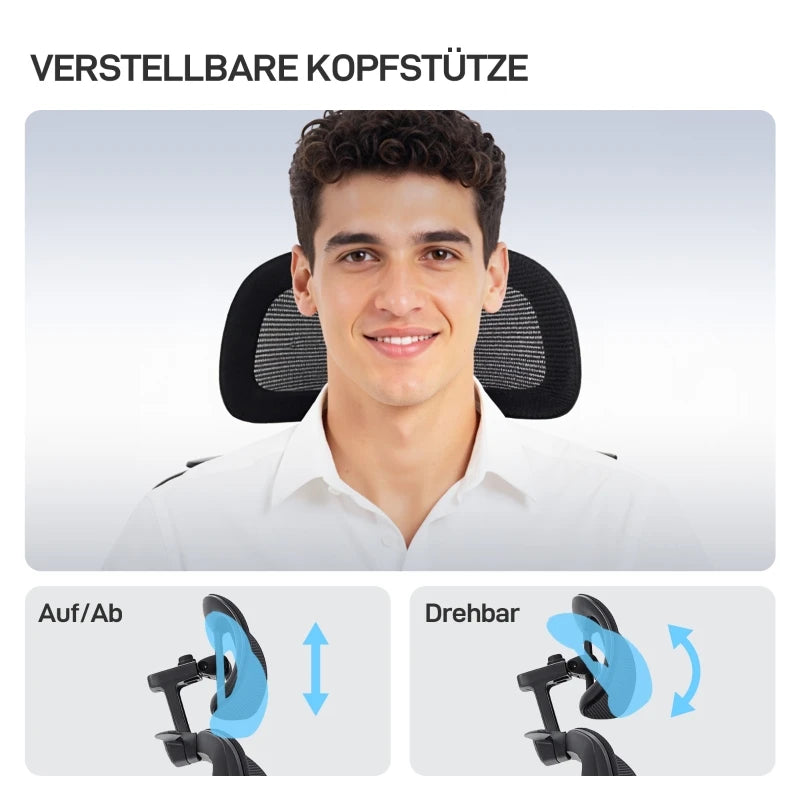 Ergonomic office chair with wheels, mesh fabric, lumbar support, adjustable armrests, and headrest.