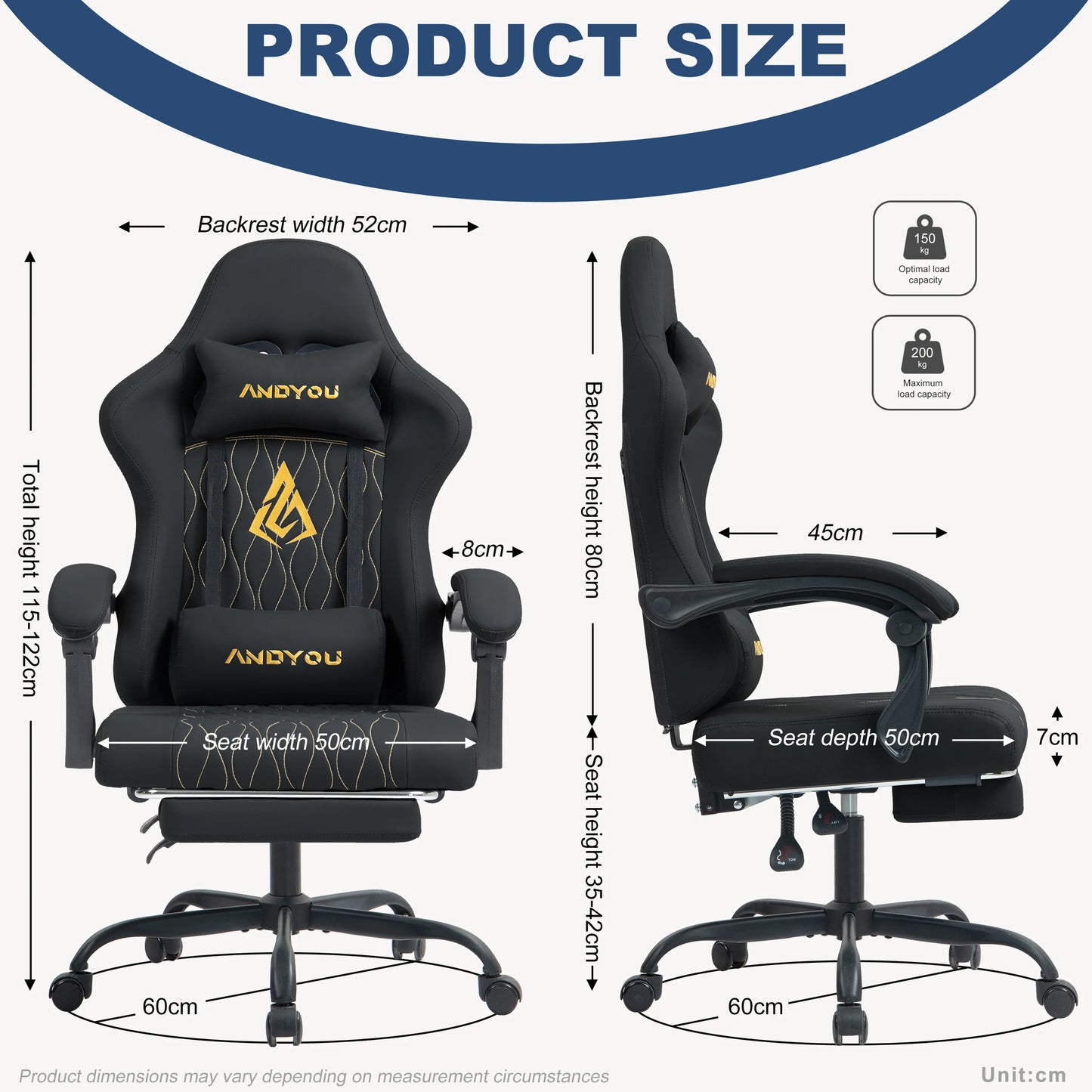 Andyou Ergonomic Gaming Chair - Swivel Reclining Gaming Chair , PU Leather Upholstery, Weight Capacity 150kg