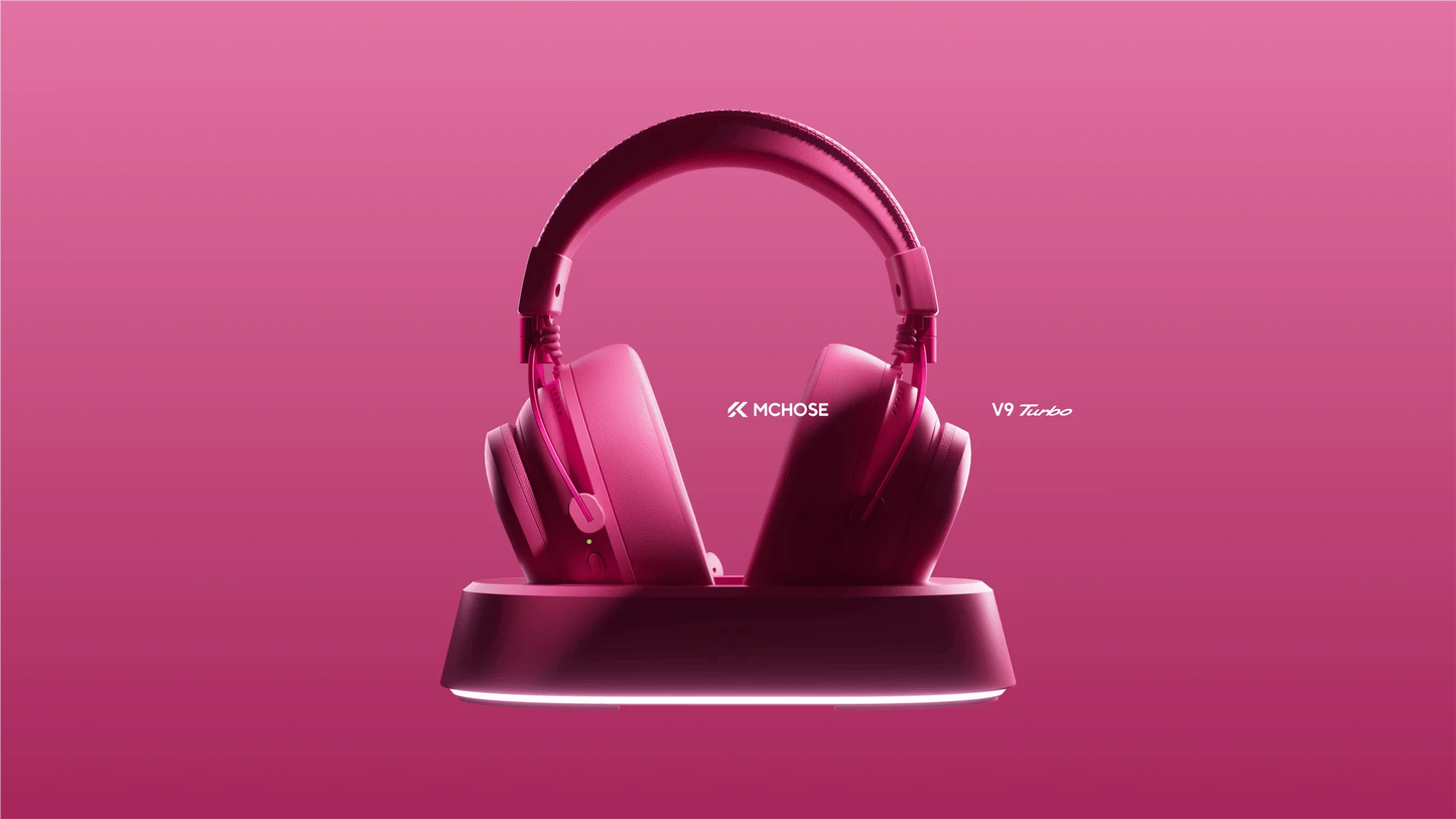 Auscultadores Gaming Sem Fios MCHOSE V9 Turbo 7.1 Surround Sound RGB para Esports com Drivers de 60mm, Microfone com Cancelamento de Ruído e Base de Carregamento