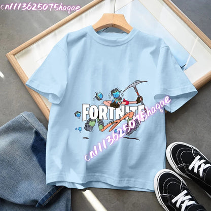 Fortnites Kids Blue Cotton T-Shirt Fortress Night Baby Short Sleeve Tees Shirt Cartoon Boy Girl Summer Clothes Kawaii Tops Gift