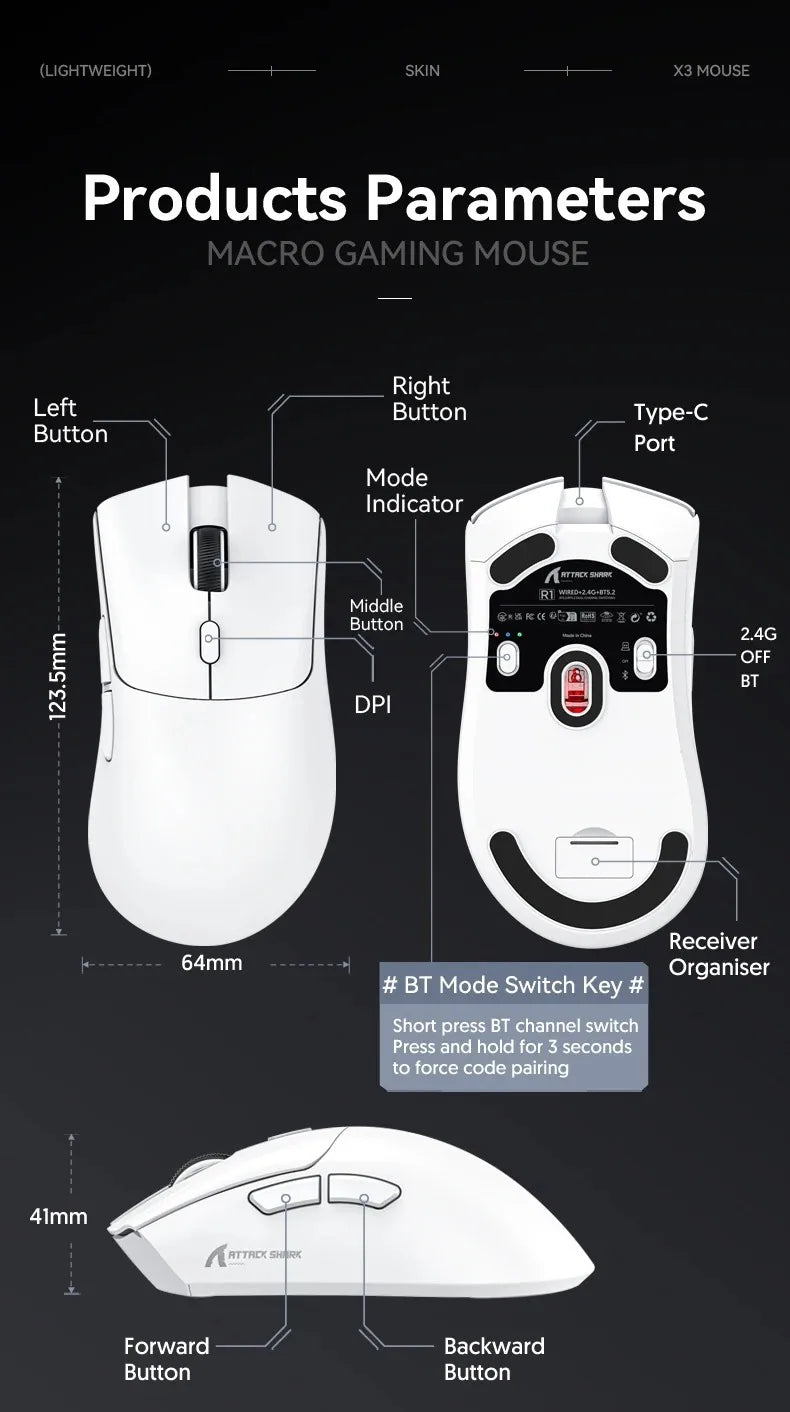 Attack Shark R1 Wireless Mouse for Gaming 1000 Hz PAW3311 Sensor,Rechargeable,Bluetooth Tri-mode,Ergonomic